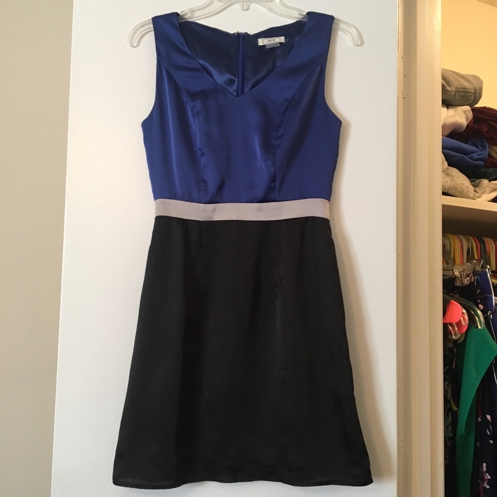 Blue, black, and silver mid thigh dress.